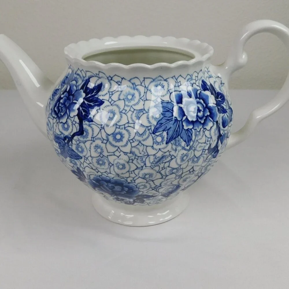 Johnson Brothers Lotus Blue Fine China Floral Swirl Rim Teapot Lid Vintage 1979 - Picture 11 of 12